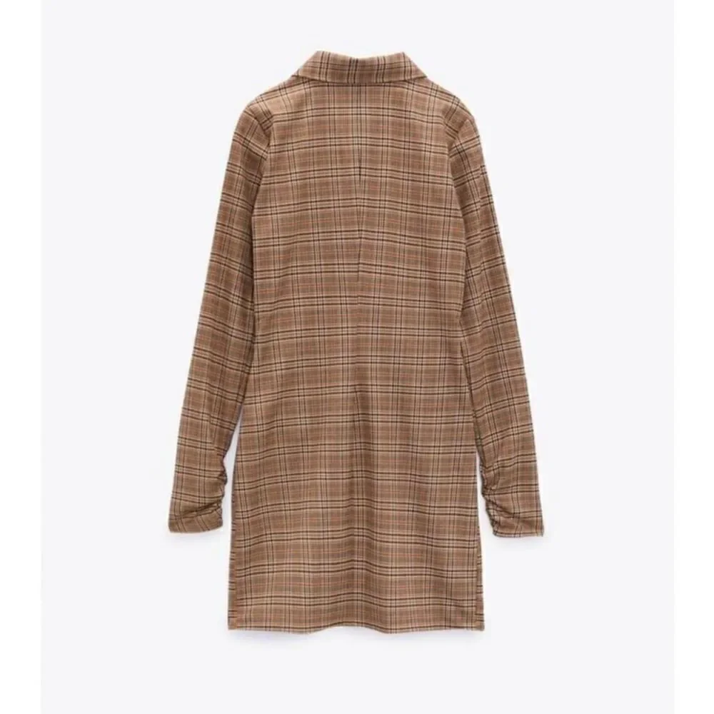 ZARA CHECK DRAPED BUTTONED DRESS NEW KHAKI